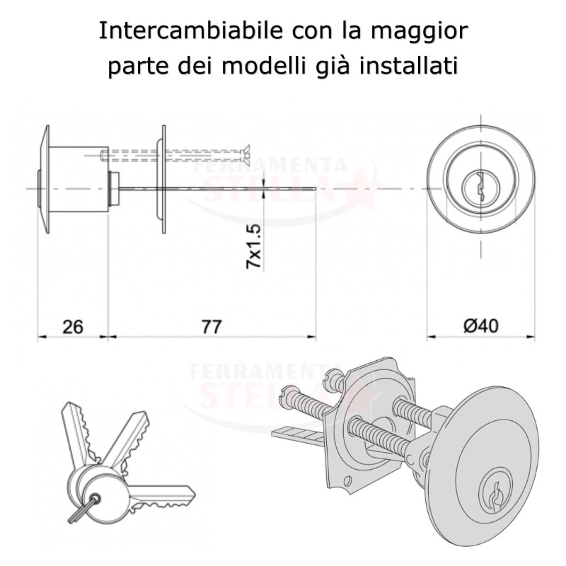 CILINDRO STACCATO ESTERNO OTTONE RICAMBIO SERRATURA DA APPLICARE PORTONCINI - FT TARONI