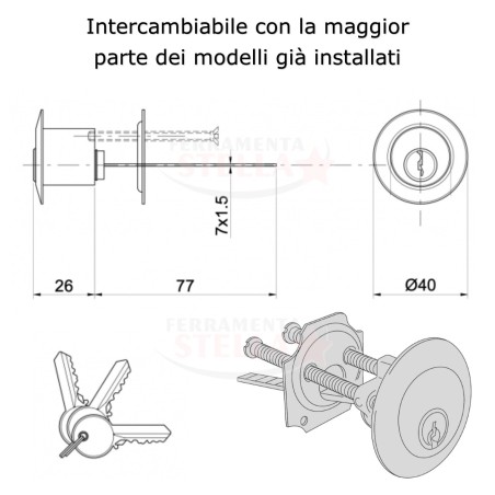 CILINDRO STACCATO ESTERNO OTTONE RICAMBIO SERRATURA DA APPLICARE PORTONCINI - FT TARONI