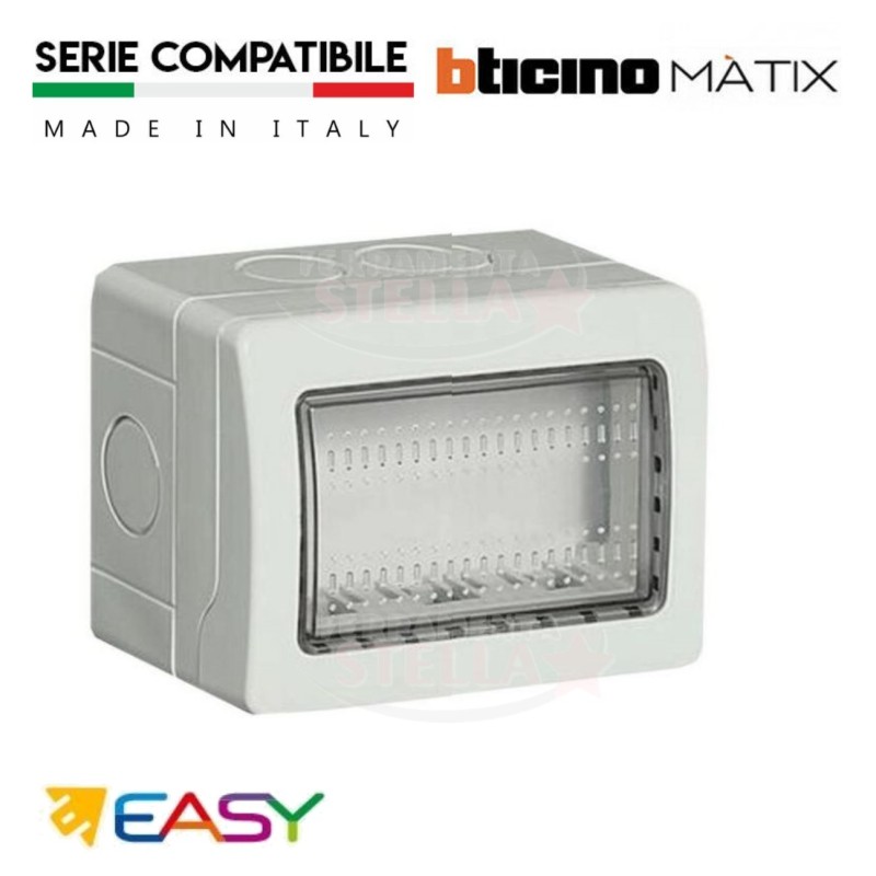 SCATOLA CONTENITORE STAGNO IP65 CON PORTELLO 3 POSTI X FRUTTO LIFE e BTICINO LIVING 4611 GRIGIO CHIARO