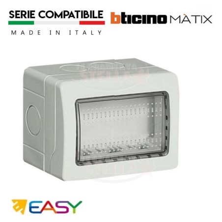 SCATOLA CONTENITORE STAGNO IP65 CON PORTELLO 3 POSTI X FRUTTO LIFE e BTICINO LIVING 4611 GRIGIO CHIARO