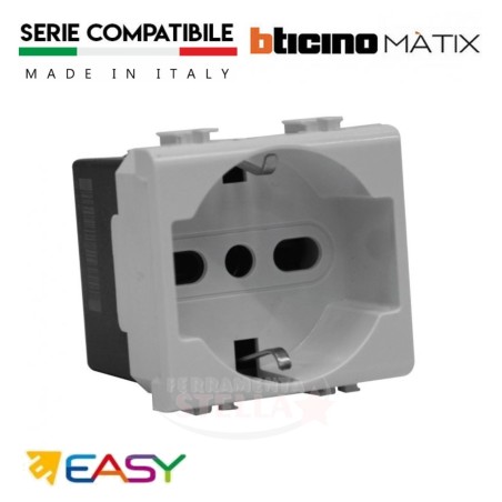 PRESA ITALIANA TEDESCA SCHUKO TRIVALENTE SICUREZZA EASY- TIPO BTICINO MATIX - FRUTTO - BIANCO