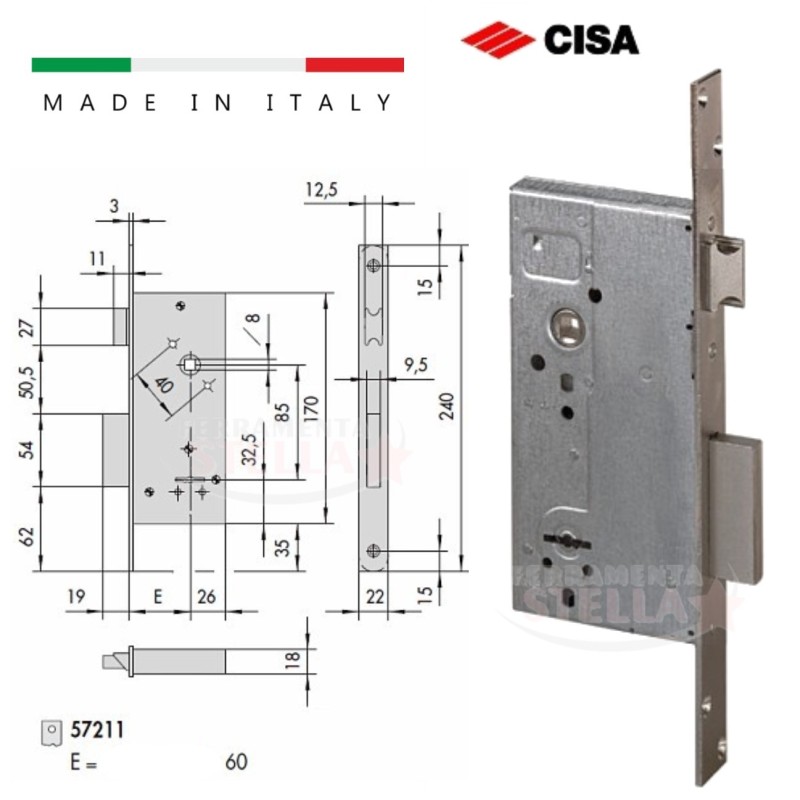 SERRATURA A DOPPIA MAPPA CISA 57211 SICUREZZA x LEGNO BLINDATA - ENTRATA 60