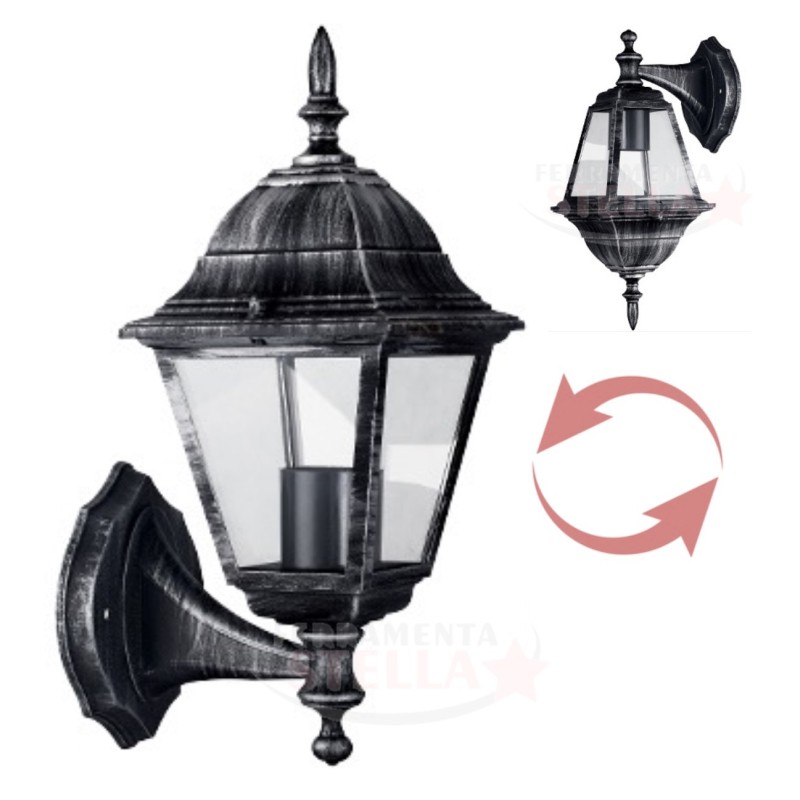 LANTERNA APPLIQUE A BRACCIO ANTICATO NERO - 4 FACCE CON VETRI - IN LEGA DI ALLUMINIO PATIO TERRAZZO