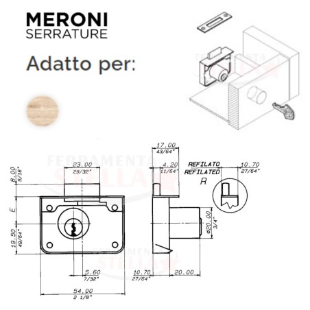 SERRATURA DA APPLICARE MERONI 2203 PER MOBILI CASSETTI ANTA CILINDRO CASSETTO - ENTRATA 20