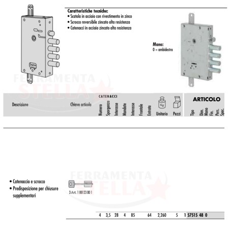SERRATURA A DOPPIA MAPPA CISA 57515 SICUREZZA x LEGNO BLINDATA - 3 CHIAVI