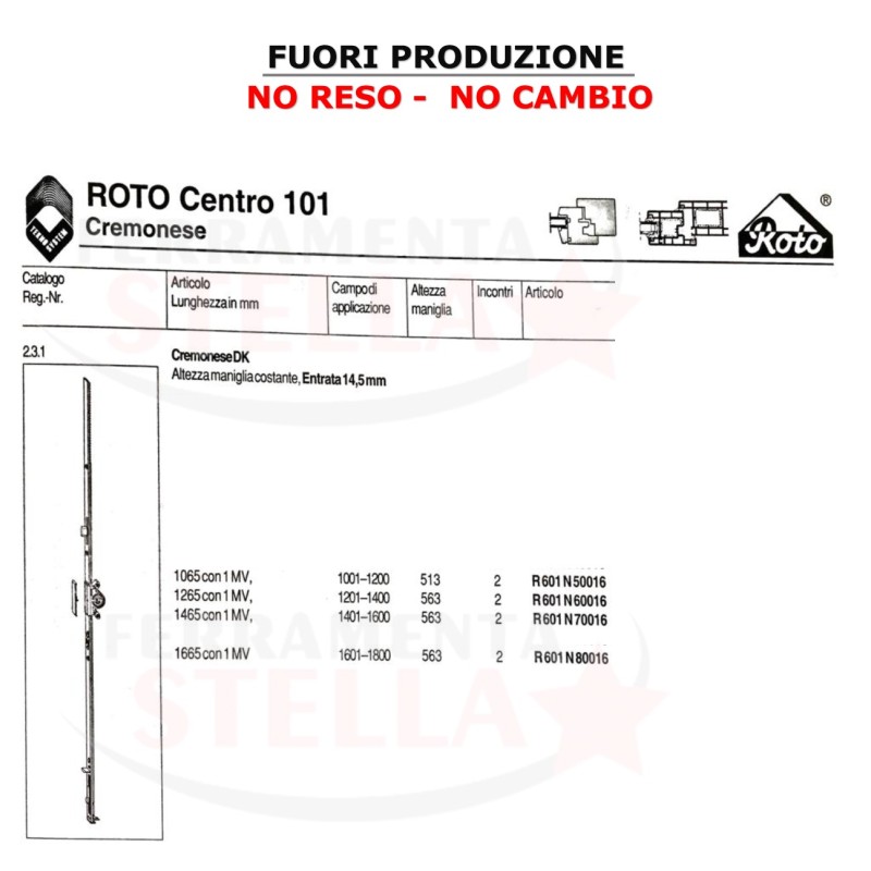 CHIUSURA CREMONESE DK PER ANTA E RIBALTA ROTO TROPICALIZZATA - ENTRATA 15 - MM 1600 - 1800 - SERIE RICAMBI