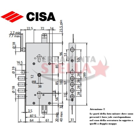 SERRATURA A DOPPIA MAPPA CISA 57715 28 DOPPIA TOPPA SICUREZZA x LEGNO BLINDATA