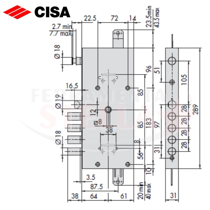SERRATURA A DOPPIA MAPPA CISA 57715 28 DOPPIA TOPPA SICUREZZA x LEGNO BLINDATA