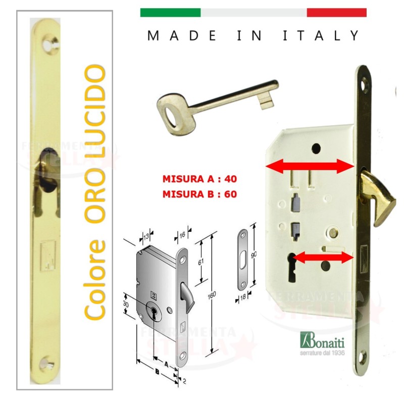 SERRATURA BONAITI A GANCIO x PORTE SCORREVOLI A SCOMPARSA ART 60 TIPO SCRIGNO CON CHIAVE LUNGA NON A SNODO - 40 ORO