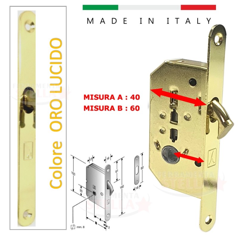 SERRATURA A GANCIO BONAITI PER SCORREVOLI SCRIGNO CON QUADRO DA 8 MM PER KIT - OTTONATA