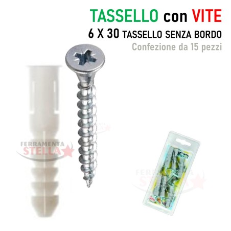 15 tasselli nylon 6 30 con vite muro mattoni  | ferramentastella.it