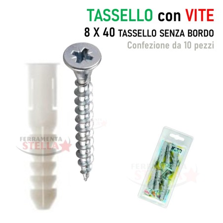 10 tasselli nylon senza bordo 8 x 40 con vite | ferramentastella.it