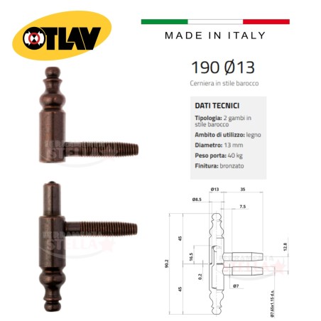 Cerniera anuba barocco ø 13 bronzata otlav 190  | ferramentastella.it
