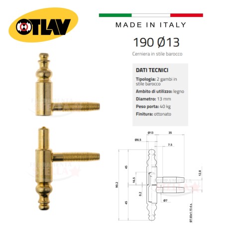 Cerniera anuba barocco ø 13 ottonata otlav 190  | ferramentastella.it