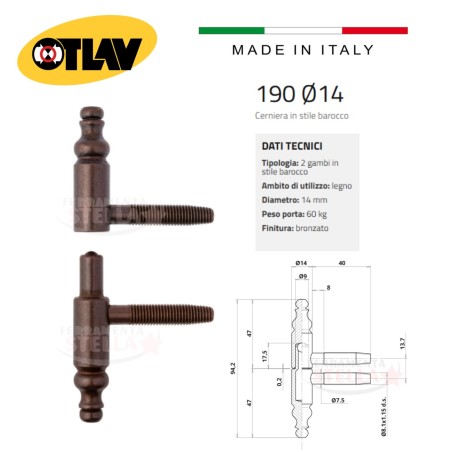 Cerniera anuba barocco ø 14 bronzata otlav 190  | ferramentastella.it