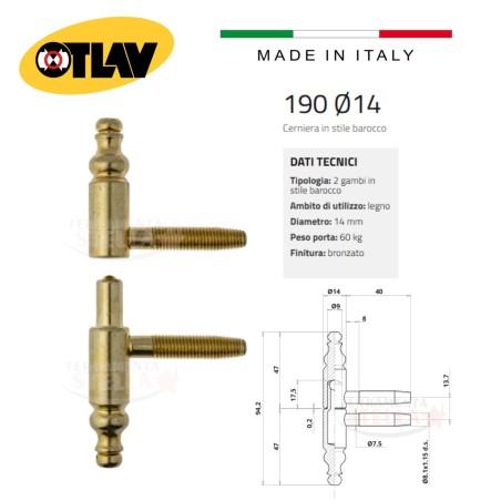 Cerniera anuba barocco ø 14 bronzata otlav 190  | ferramentastella.it