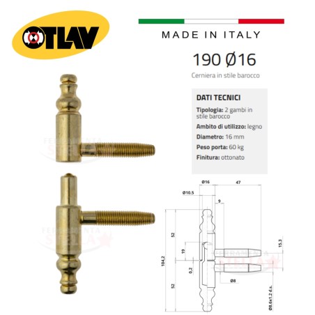 Cerniera anuba barocco ø 16 ottonata otlav 190  | ferramentastella.it