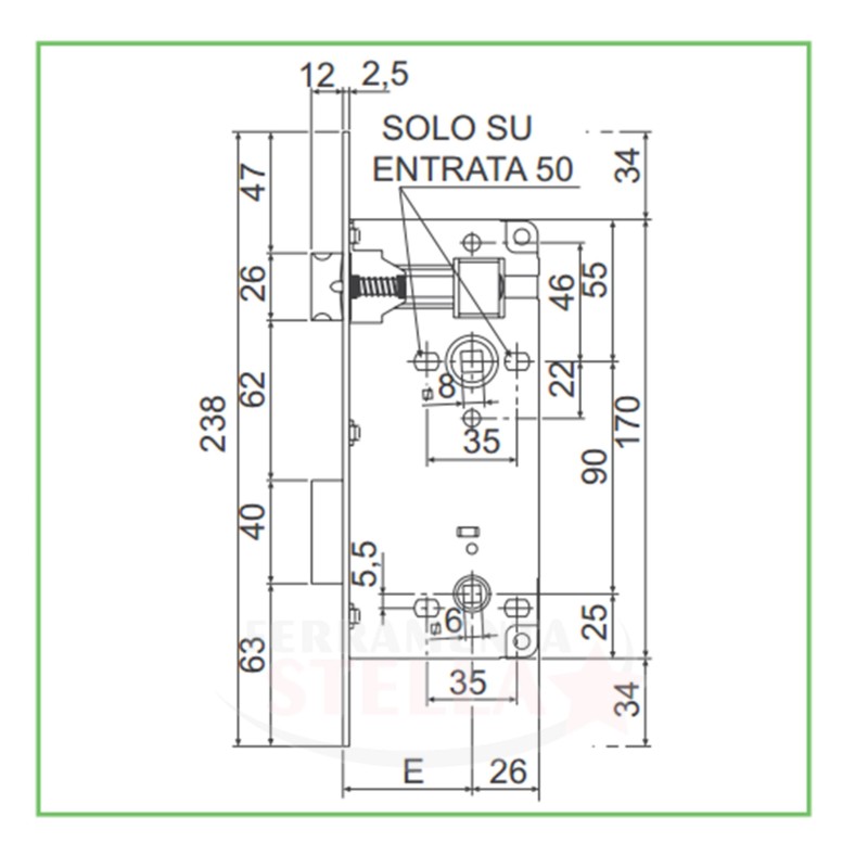 SERRATURA DOPPIO QUADRO PER BAGNI, WC E APERTURE CON NOTTOLINO Q 6 e Q 8 - OTTONATA