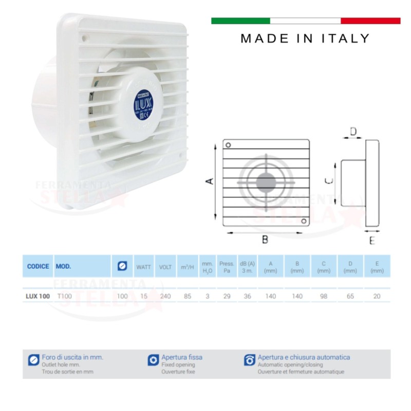 Disegno quotato aspiratore Lux T: 140x140 mm, sporgenza 20 mm, foro Ø100 mm – installazione a parete