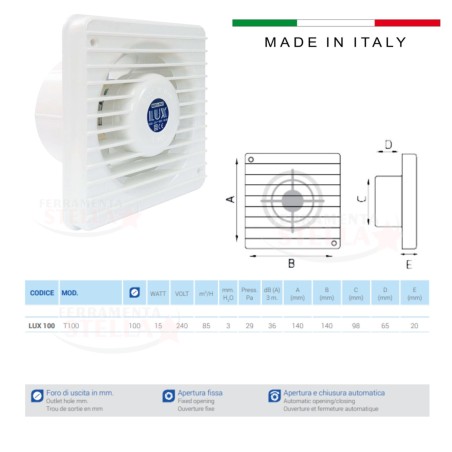 Disegno quotato aspiratore Lux T: 140x140 mm, sporgenza 20 mm, foro Ø100 mm – installazione a parete