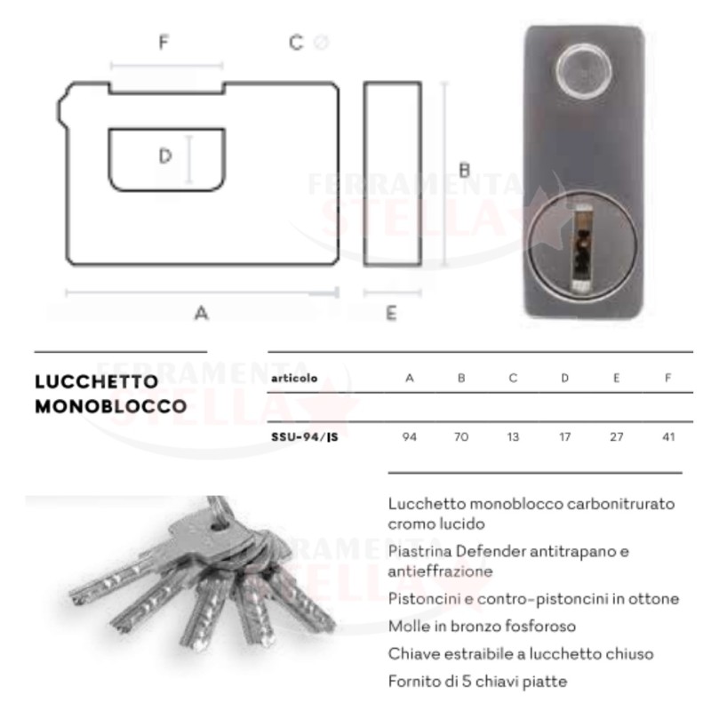 Lucchetto antiscasso acciaio mm 94 con 5 chiavi | ferramentastella.it