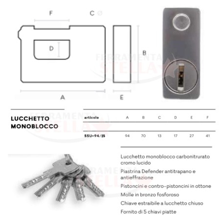 Lucchetto antiscasso acciaio mm 94 con 5 chiavi | ferramentastella.it