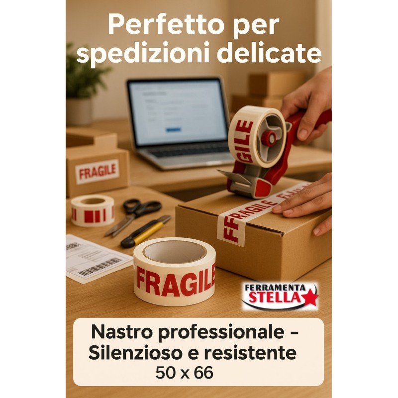 Nastro adesivo fragile silenzioso scritta rossa | ferramentastella.it