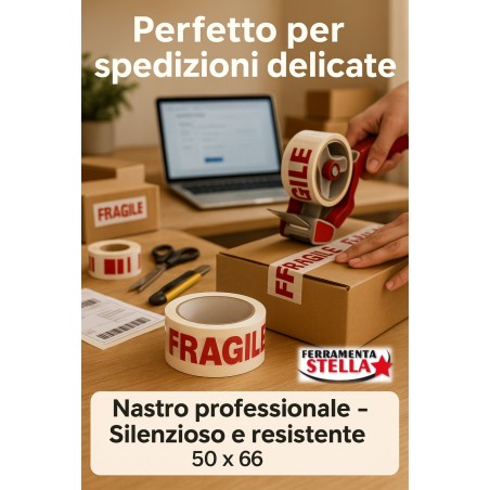 Nastro adesivo 50x66 mt fragile scritta rossa  |  ferramentastella.it