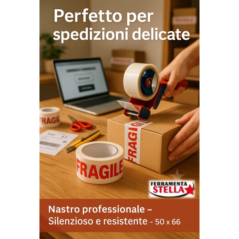 Nastro adesivo 50x66 mt fragile scritta rossa  |  ferramentastella.it
