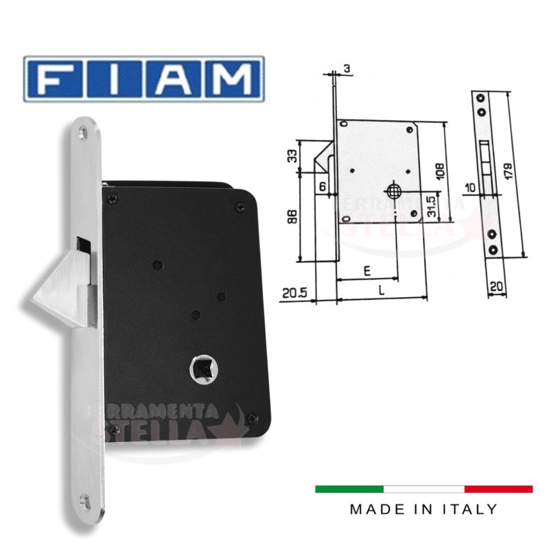 Disegno tecnico serratura Fiam Art.65 – Entrata 40 mm, Lunghezza 72 mm, foro quadro 8x8 mm per maniglia