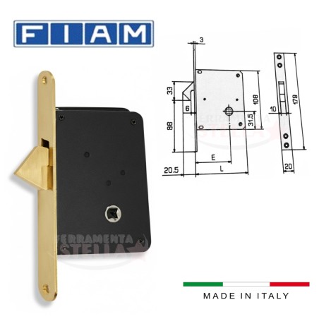 Serratura a infilare Fiam Art.65 con foro quadro per maniglia – E40 mm, L72 mm – controbordo in ottone satinato