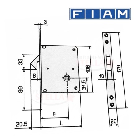 Disegno tecnico serratura Fiam Art.65 – Entrata 40 mm, Lunghezza 72 mm, foro quadro 8x8 mm per maniglia