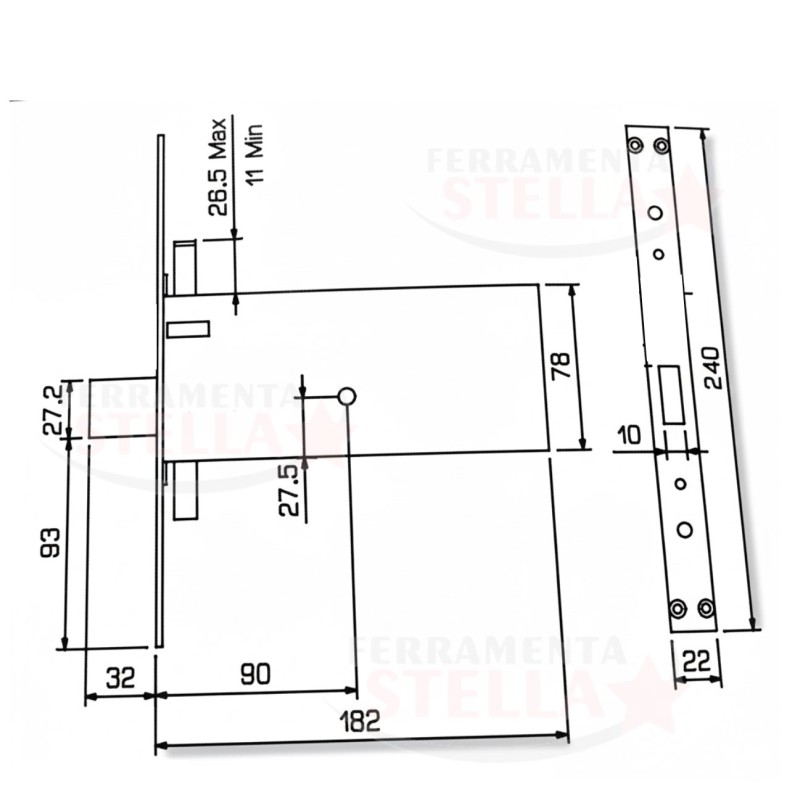 Disegno tecnico serratura Fiam 933 – Entrata 90 mm, 3 punti di chiusura, foro chiave a spillo, attacchi M8