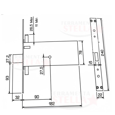 Disegno tecnico serratura Fiam 933 – Entrata 90 mm, 3 punti di chiusura, foro chiave a spillo, attacchi M8
