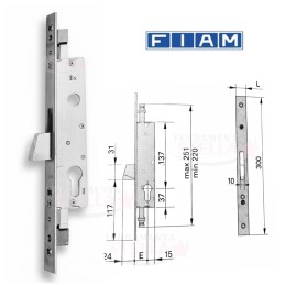 Serratura Fiam Art.716 per persiane – frontale zincato 25x3 mm, con attacchi M8 e copritoppa in nylon nero