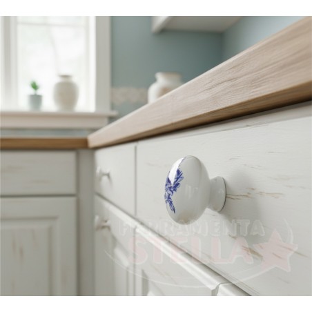 Pomolo bianco porcellana fiori blu 32mm pomellino| ferramentastella.it