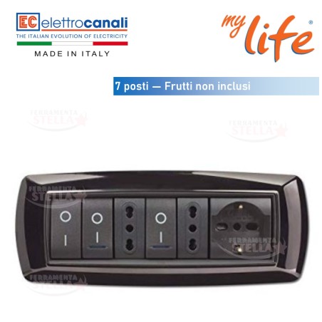 Placca life 7 posti x  living nero glitter interruttori prese  | ferramentastella.it