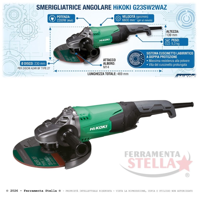 Smerigliatrice HiKOKI G23SW2WAZ 230 mm 2200W | FerramentaStella.com