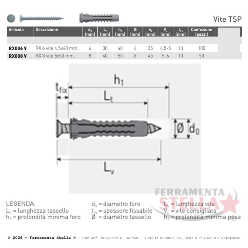 Tassello RX 8 con Vite (50 Pz) Universale | FerramentaStella.com