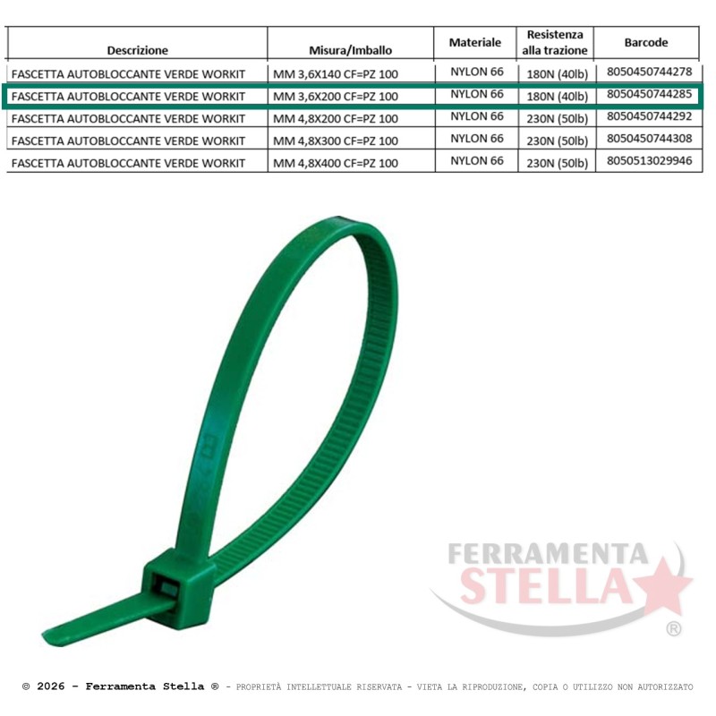 Fascetta autobloccante verde mm 3,6x200 - 100 pz | ferramentastella.it