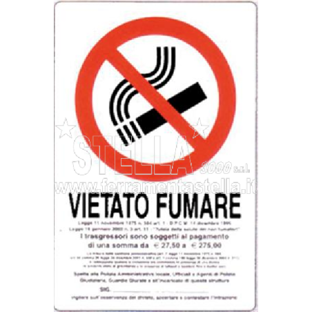 Cartello plastica 30x20cm vietato fumare con legge|ferramentastella.it