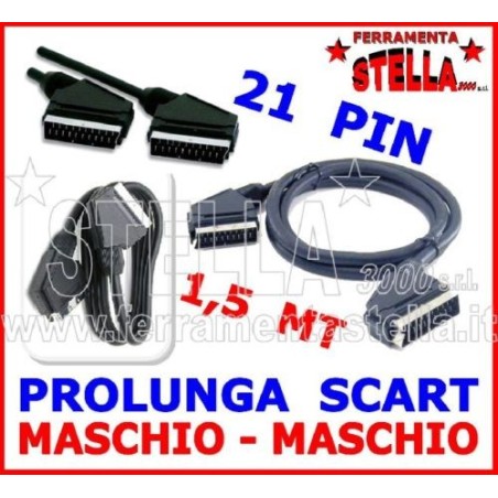 CAVO PRESA SCART 1,5 METRI PROLUNGA TV TELEVISIONE DECODER DVB-T LETTORE DVD VHS