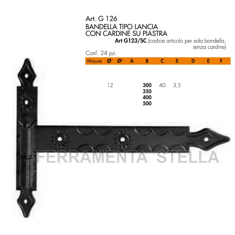 BANDELLA TIPO LANCIA CON CARDINE SU PIASTRA IN FERRO BATTUTO MODELLO A FILO SPINA 12