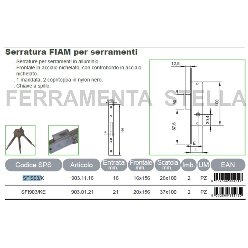 SERRATURA A INFILARE CHIAVE A SPILLO ART. 903 KE FIAM 4 MANDATE
