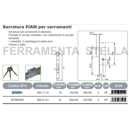 SERRATURA A INFILARE CHIAVE A SPILLO ART. 903 KE FIAM 4 MANDATE