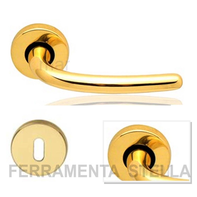 COPPIA MANIGLIE MANIGLIA CON ROSETTA ORO LUCIDO PORTA PORTE D'INTERNO INTERNE