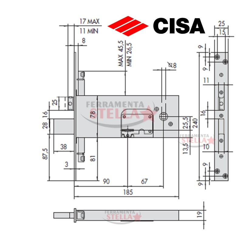 SERRATURA CISA MODELLO 57358 TRIPLA DA 90 CHIAVE DOPPIA MAPPA 4 MANDATE SCROCCO