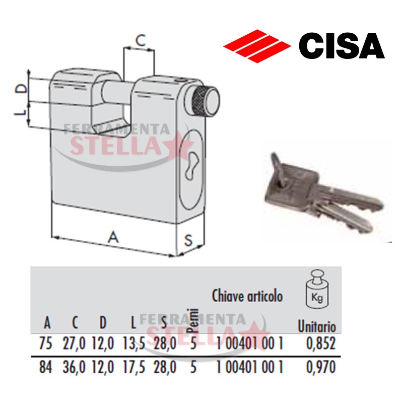 LUCCHETTO ANTISCASSO CORAZZATO CEMENTATO IN ACCIAIO 75 MM CISA SERRANDA SICUREZZA