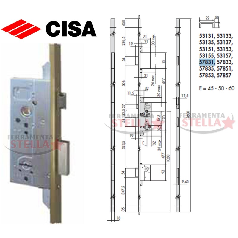 SERRATURA A DOPPIA MAPPA CISA 57830 SICUREZZA x LEGNO ASTA IN OTTONE