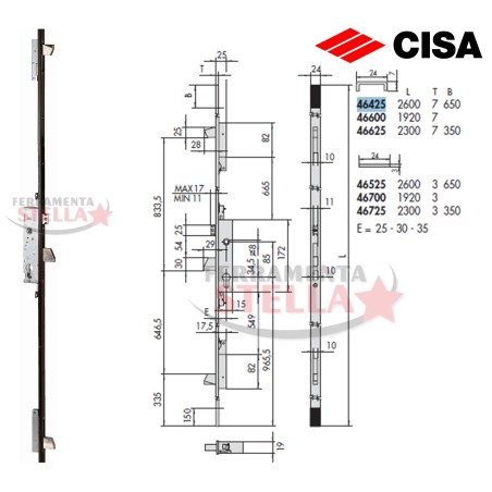 SERRATURA CISA 46425 MULTIPUNTO per PORTONE PORTA FERRO ALLUMINIO SCUDO ANTA ESTERNA